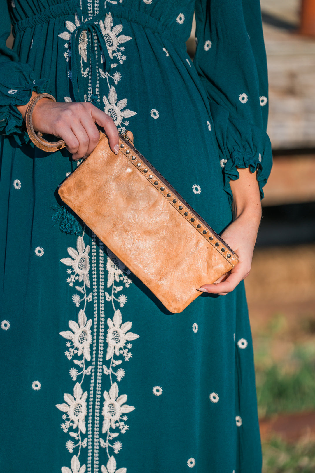Rustic Leather Clutch with Studded Detail - Middle West Apparel