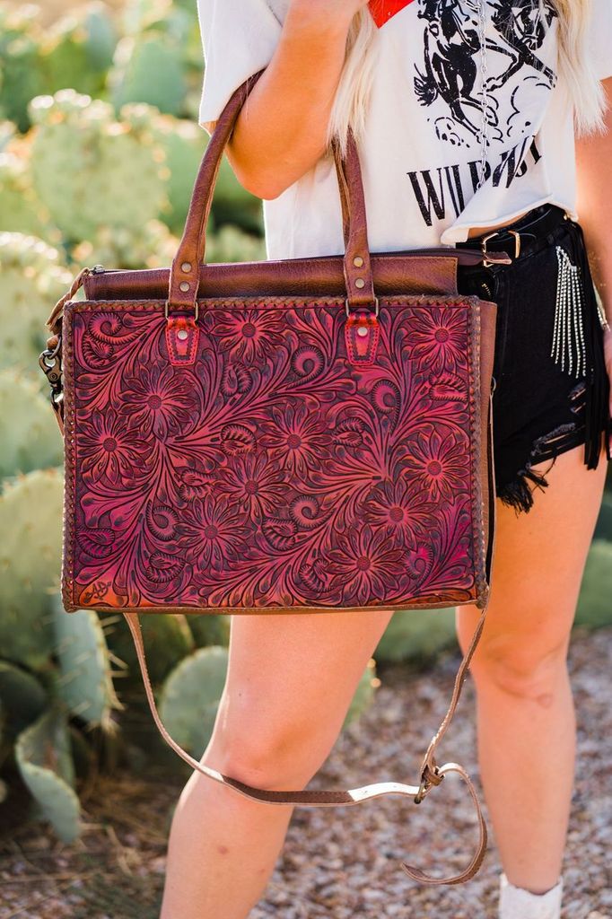 Tooled Leather Shoulder Tote - Red