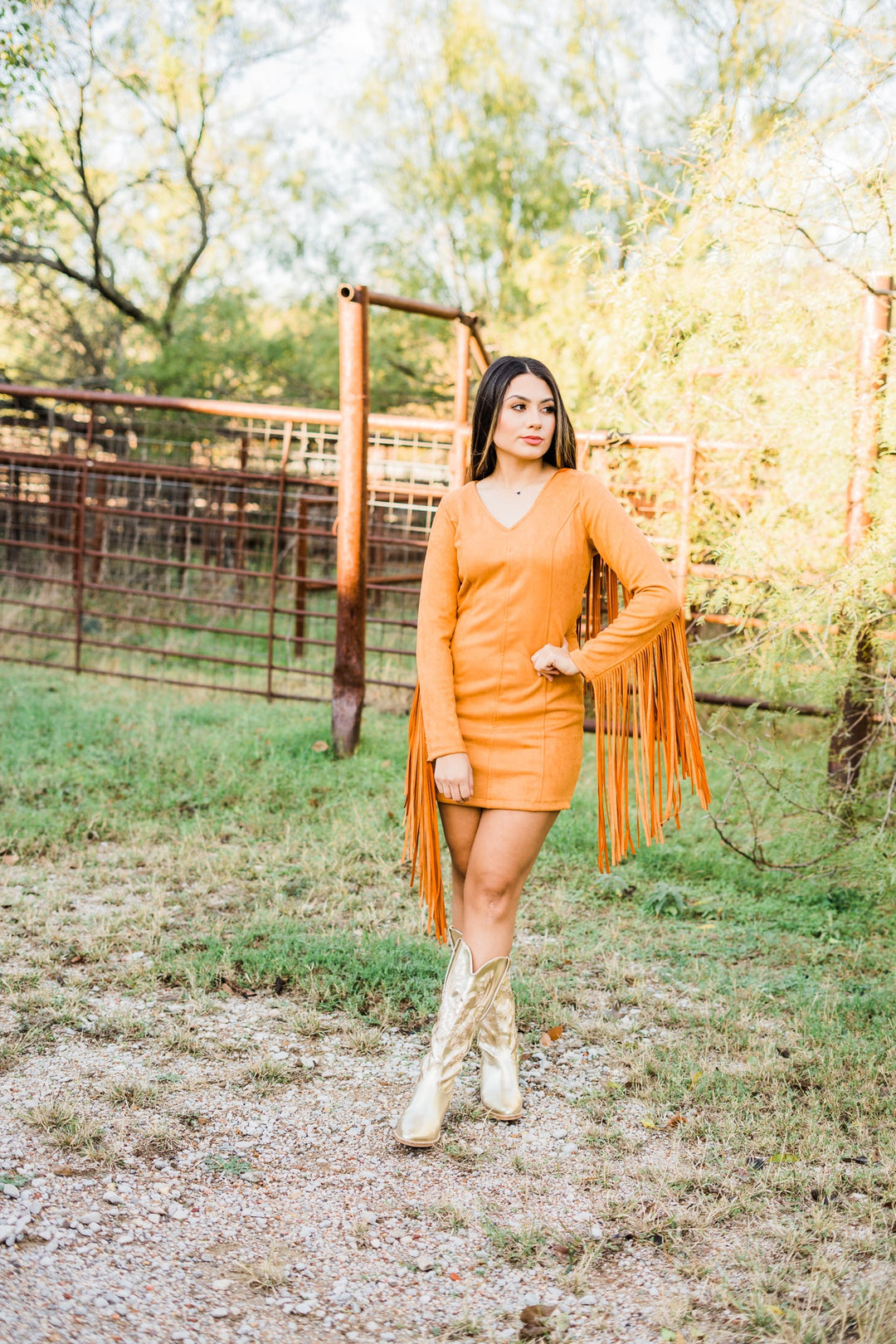 Camel suede fringe dress