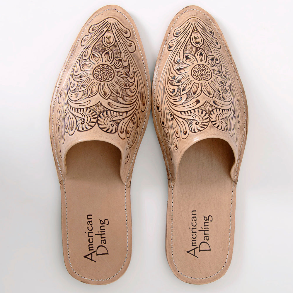 Hand tooled leather pointed toe mules