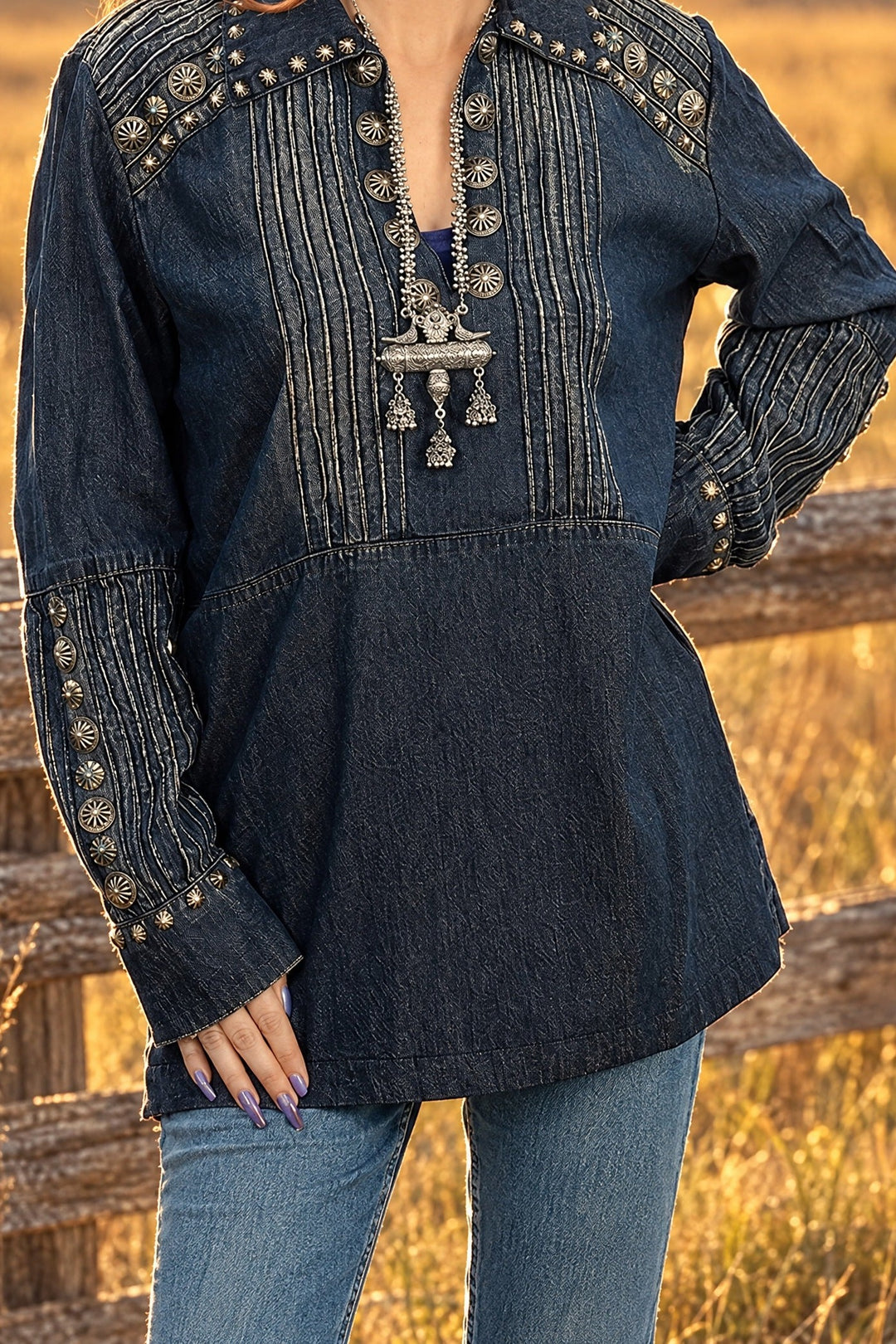 Silver concho studded denim tunic front detail outdoors