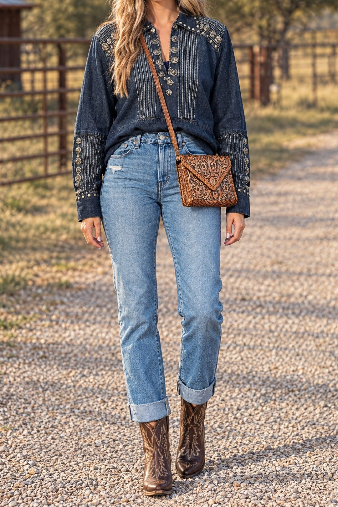 Studded denim tunic with straight jeans and boots