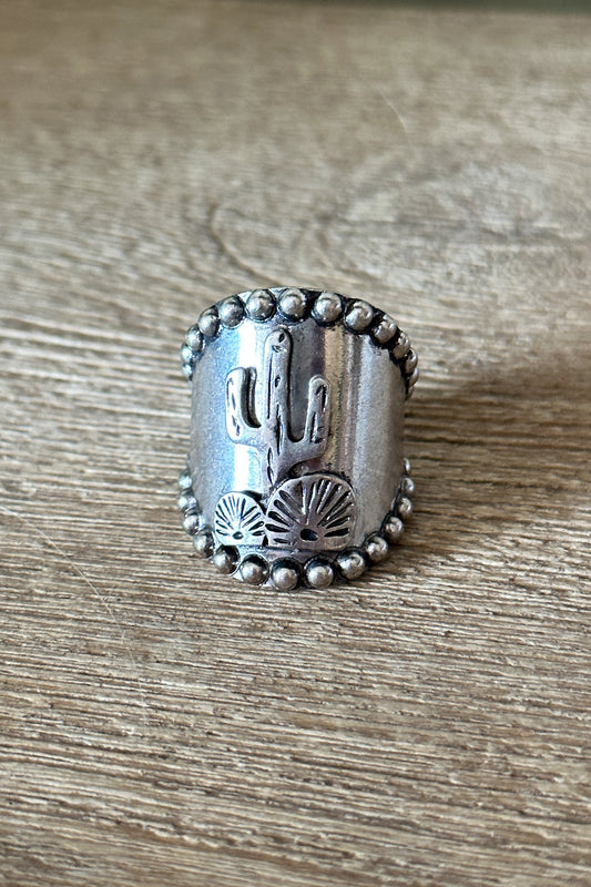 Western Wide Cuff Cactus Embossed Ring - Middle West Apparel