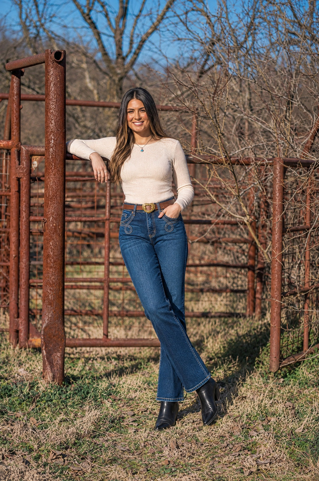 After Dark dark wash jeans at the ranch