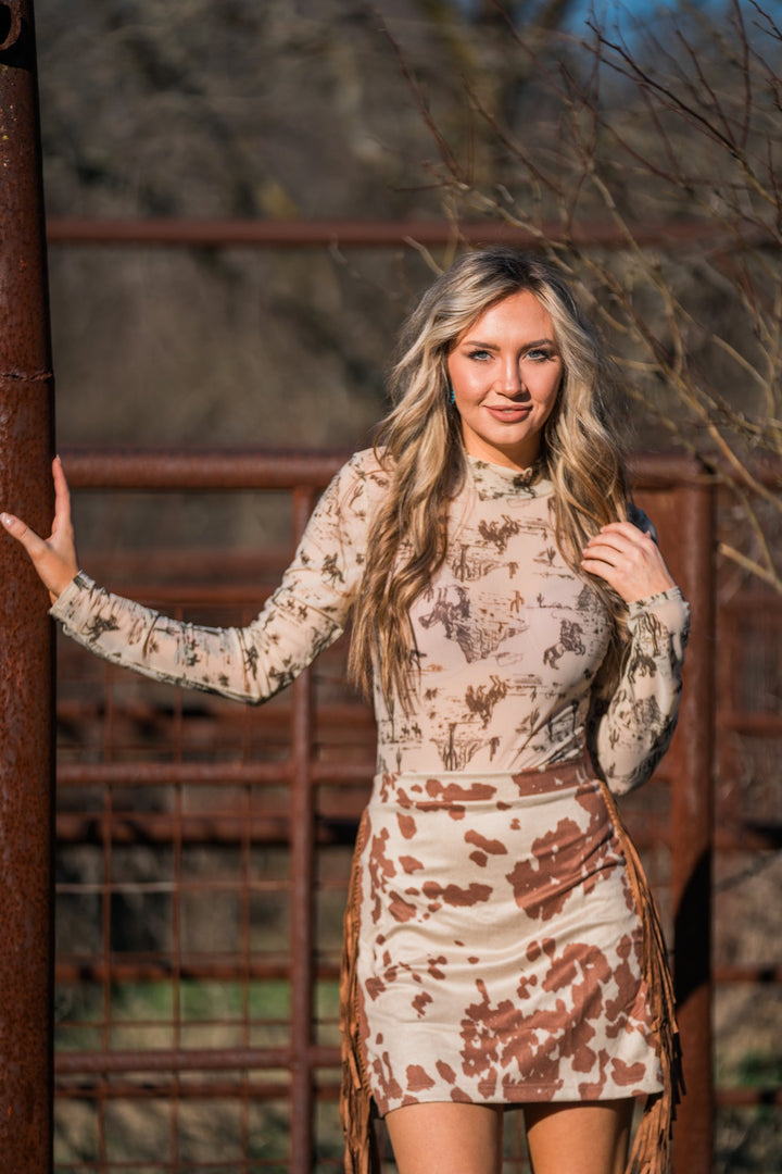 Western print mesh bodysuit with cow print skirt