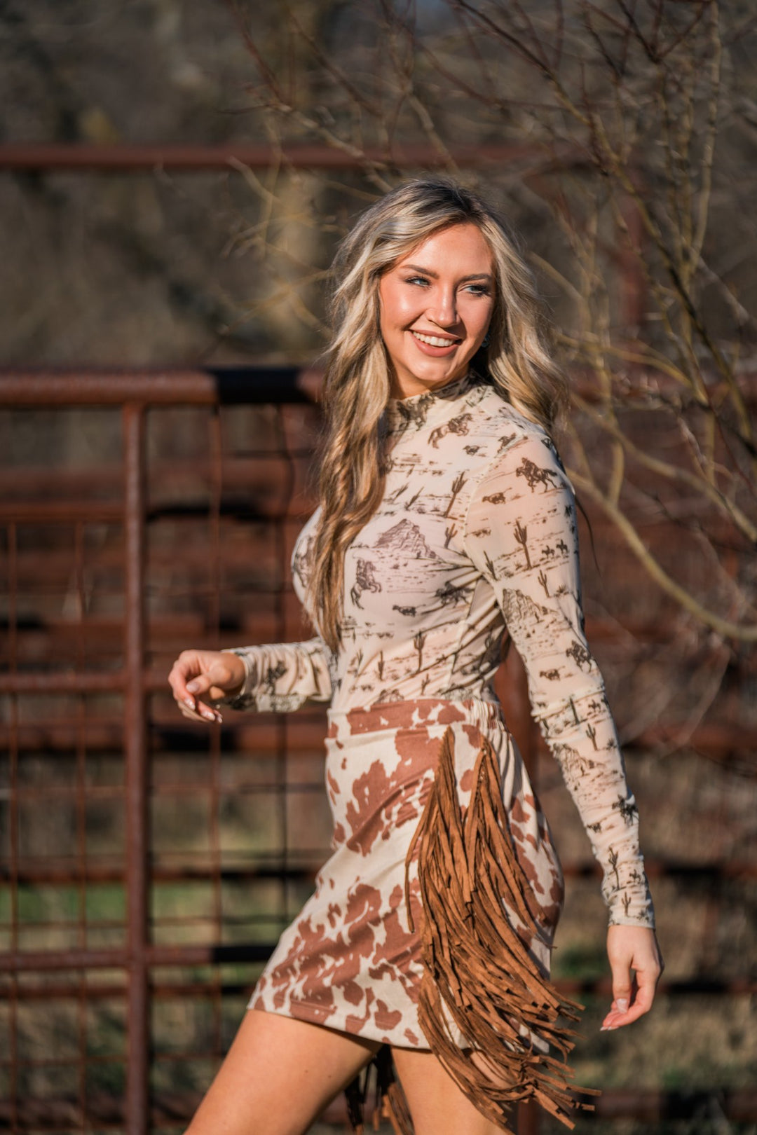 Western print mesh bodysuit side view