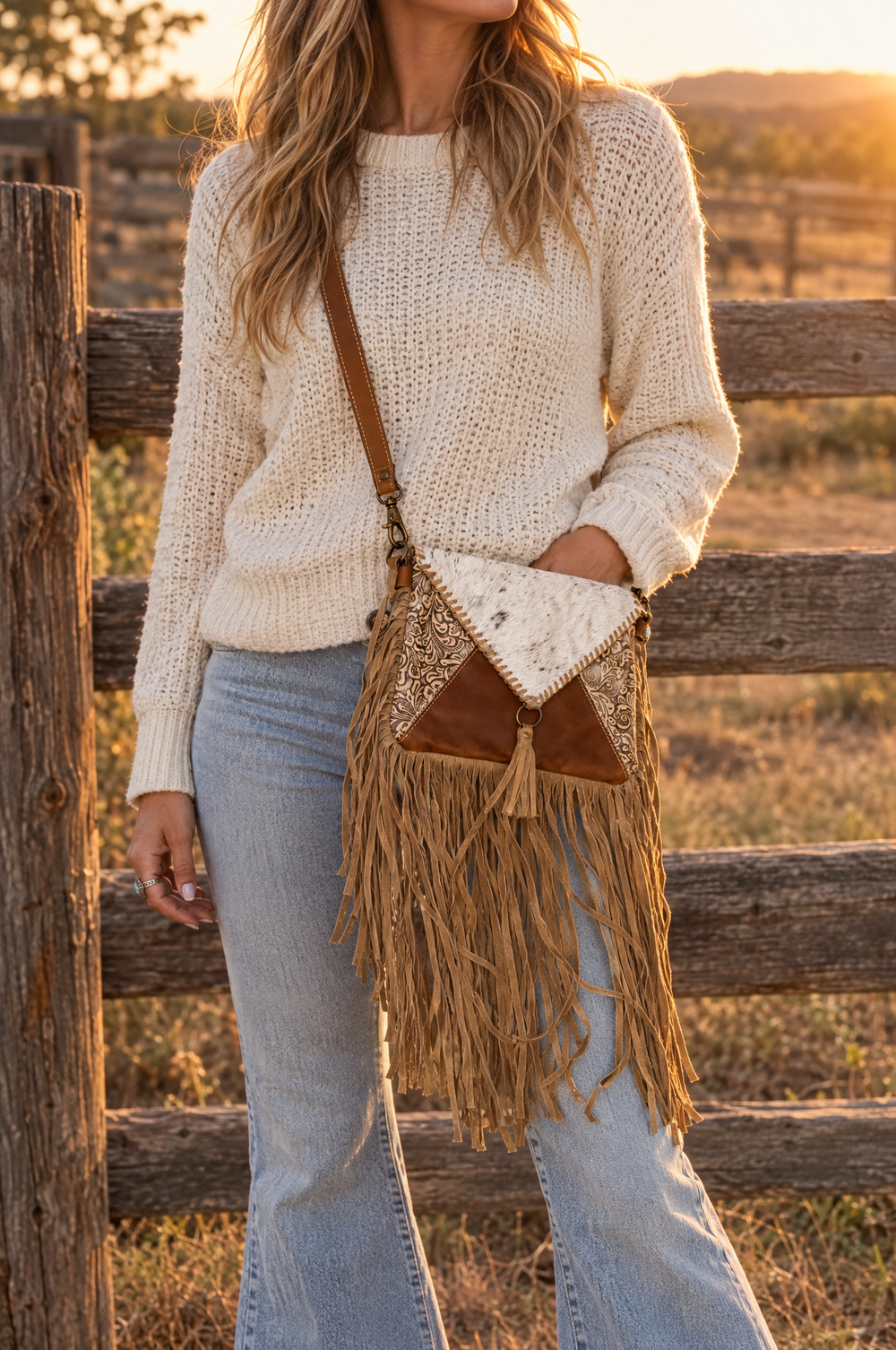 Tan fringe crossbody worn with a cream sweater and flare jeans