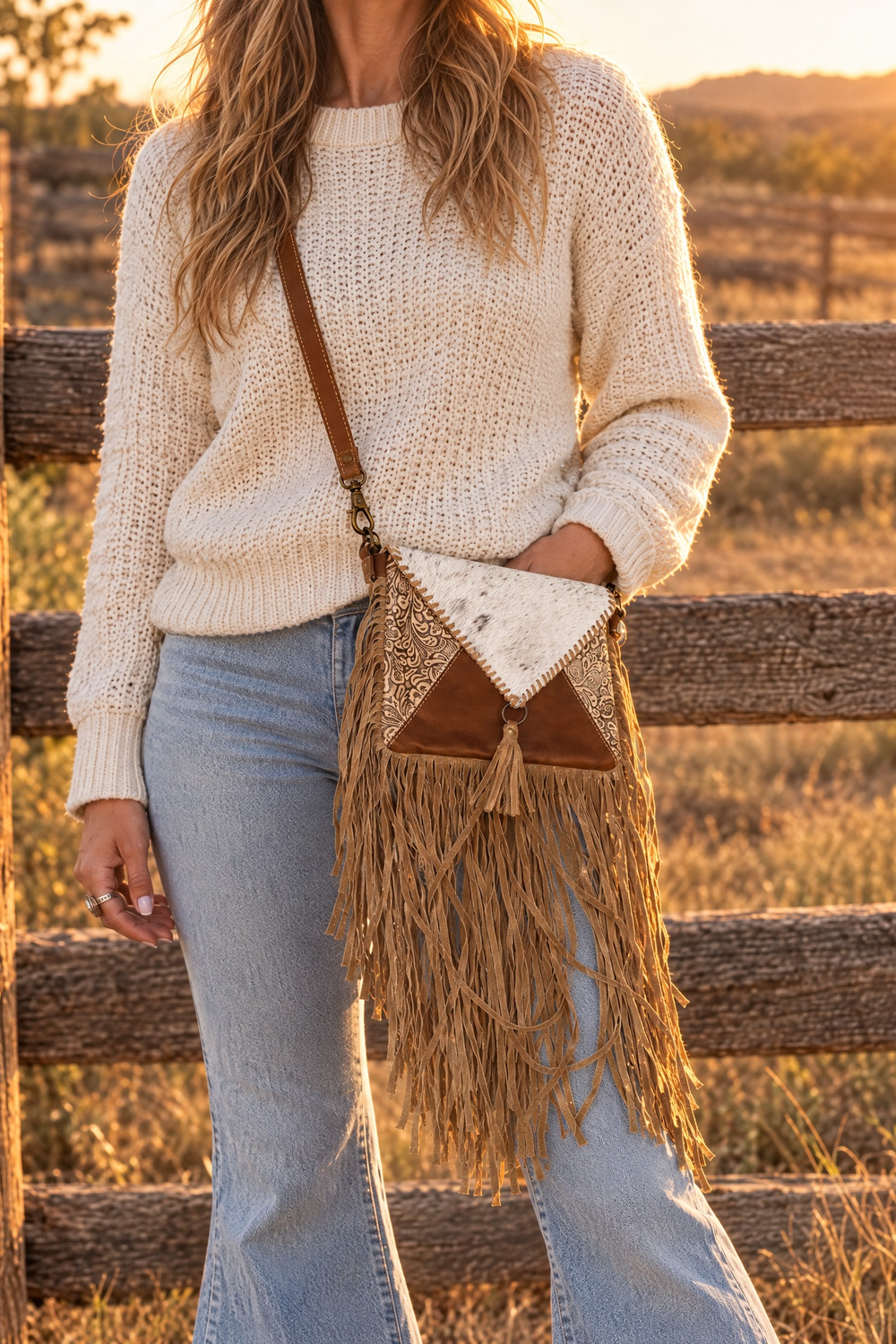 Golden Prairie fringe crossbody worn crossbody with a cream sweater