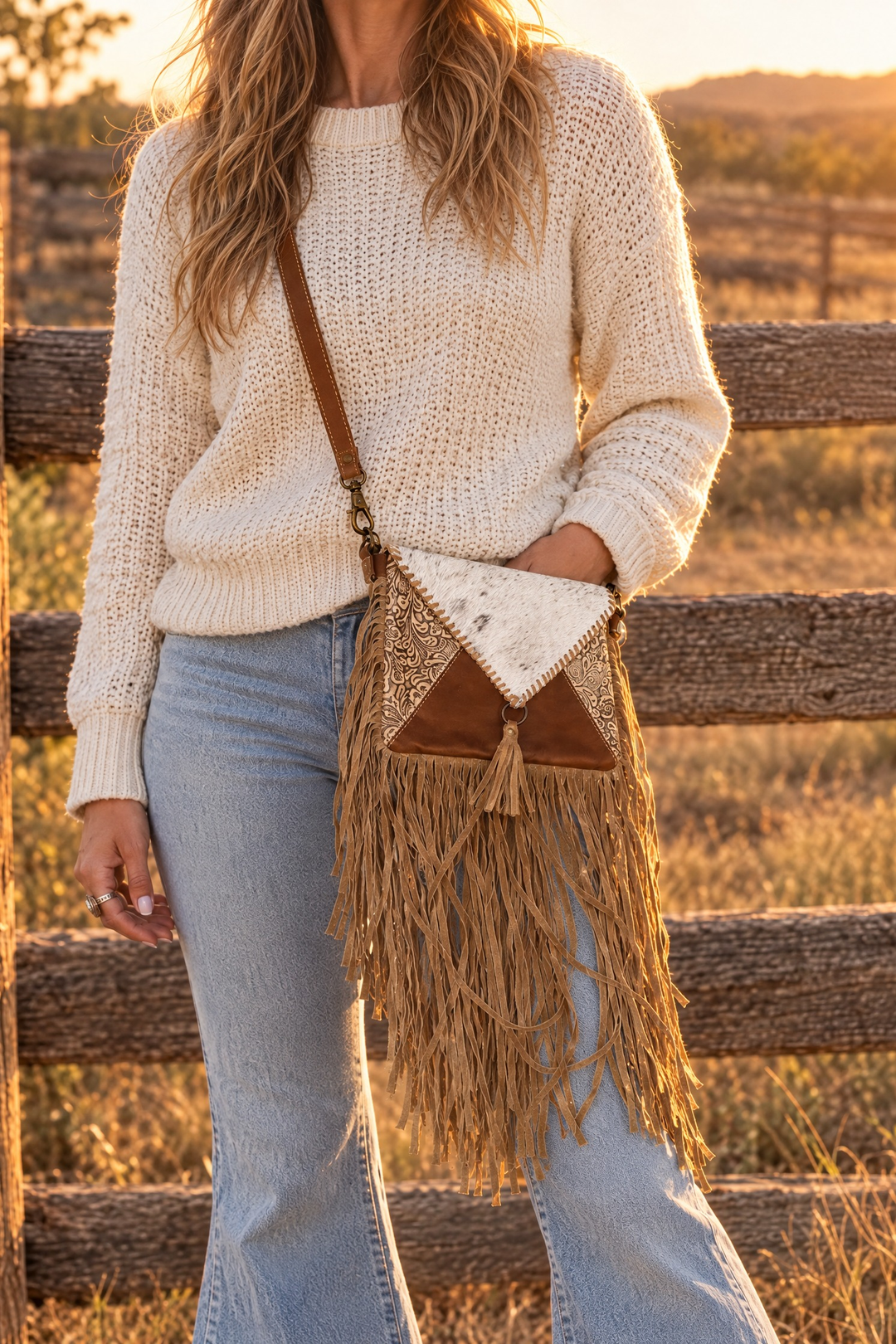 Golden Prairie fringe crossbody worn crossbody with a cream sweater