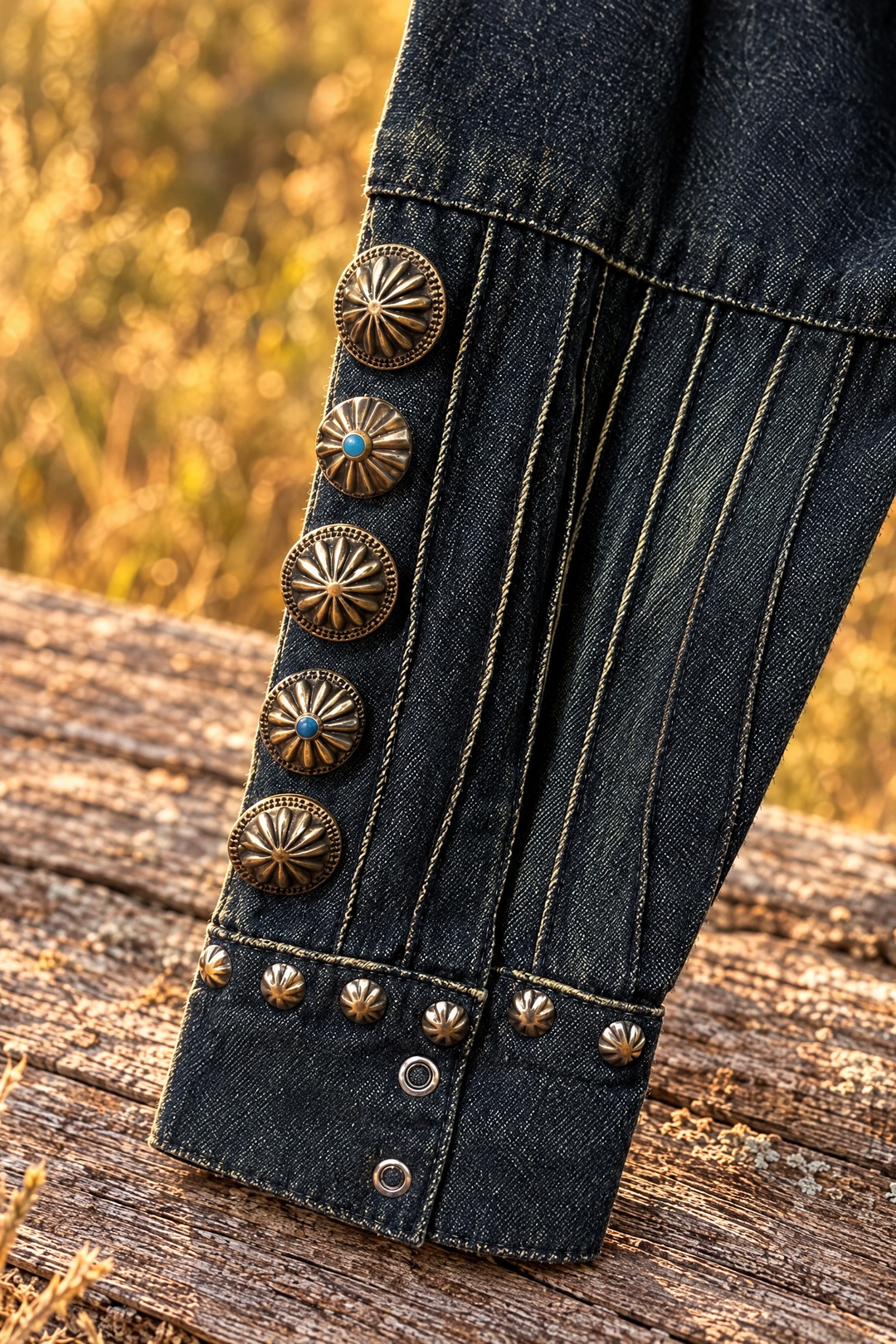 Concho cuff detail on the studded denim tunic