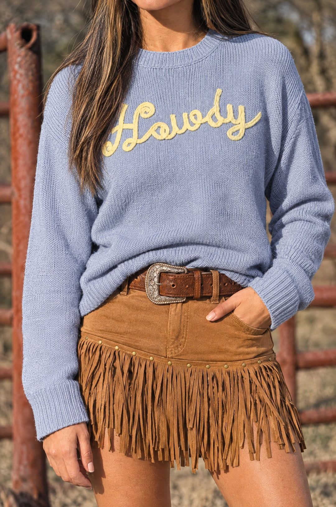 Howdy sweater with camel fringe skirt