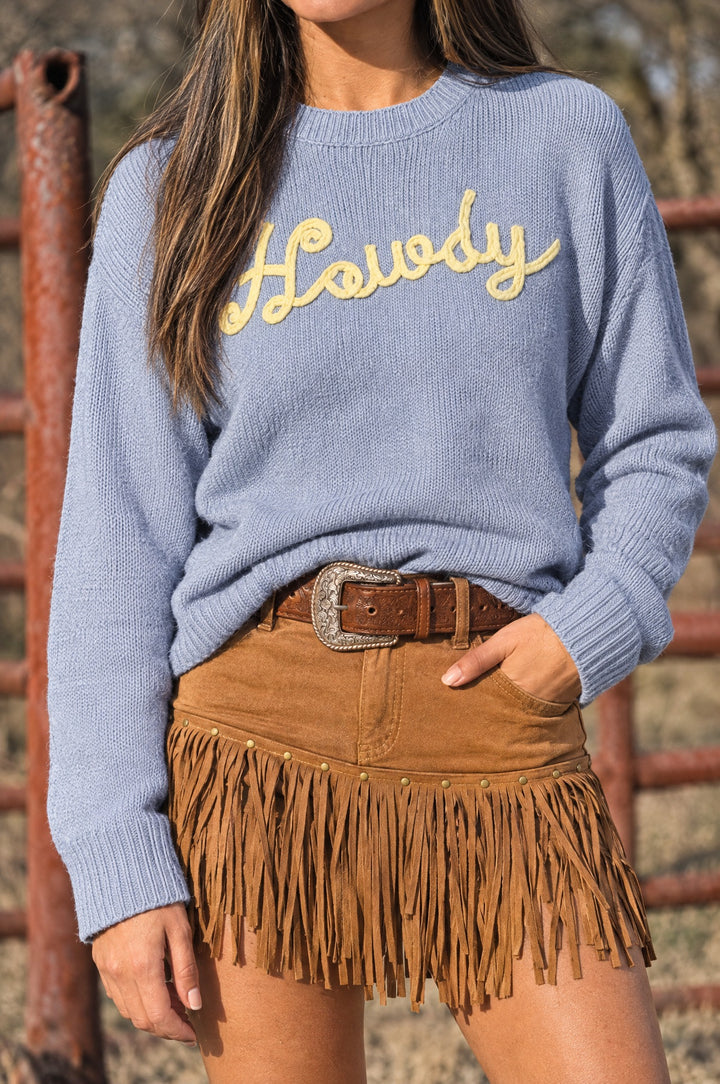 Howdy sweater with camel fringe skirt