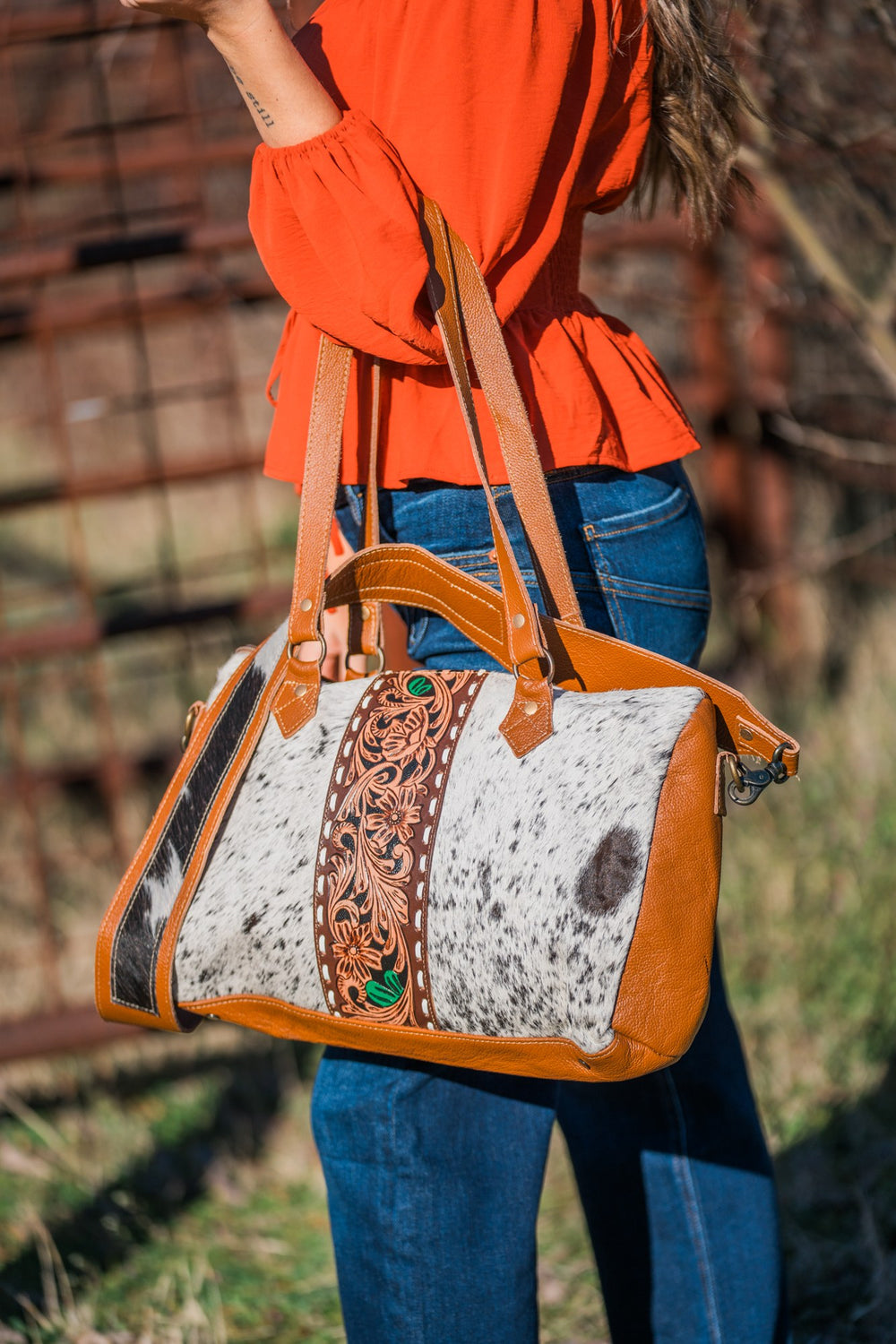 Prairie Beads cowhide shoulder bag worn
