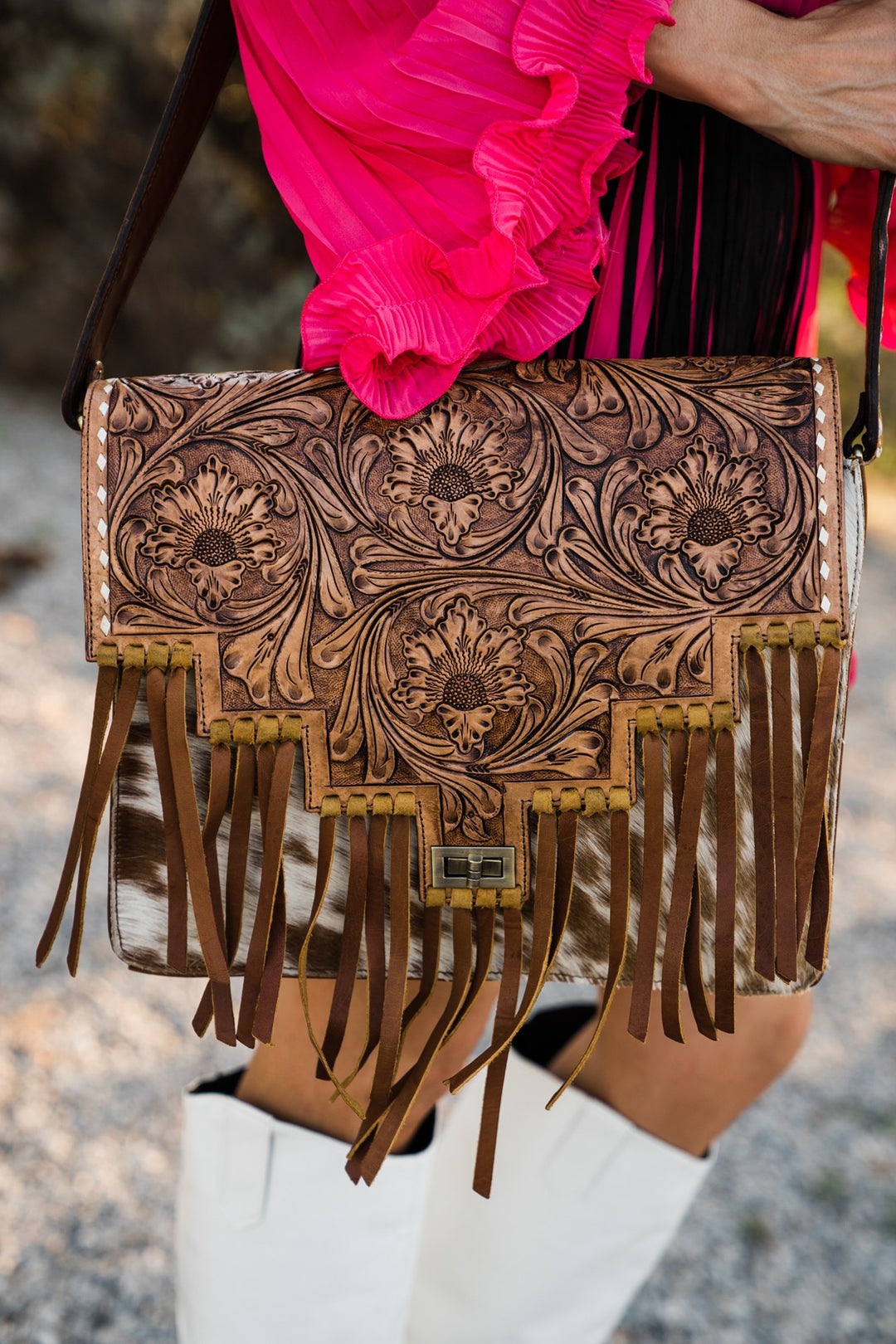Rodeo Rose tooled fringe crossbody