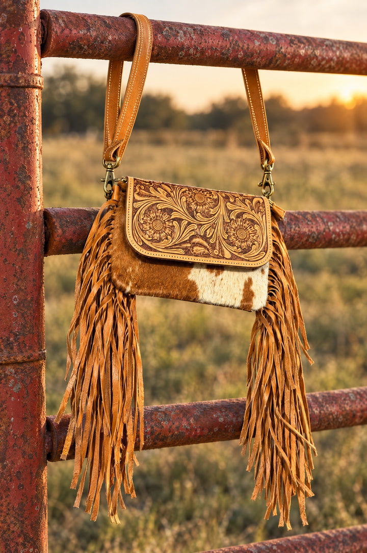 Tooled leather fringe crossbody hanging on a ranch gate