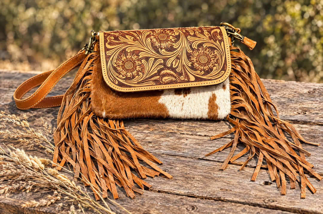 Scabulous crossbody on a wood table outdoors