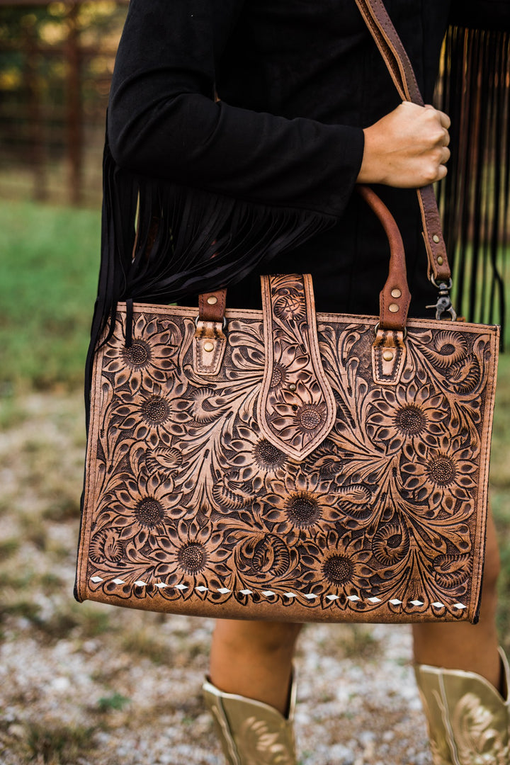 Sunflower tooled leather tote front close up
