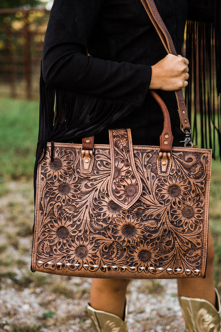 Sunflower tooled tote with crossbody strap