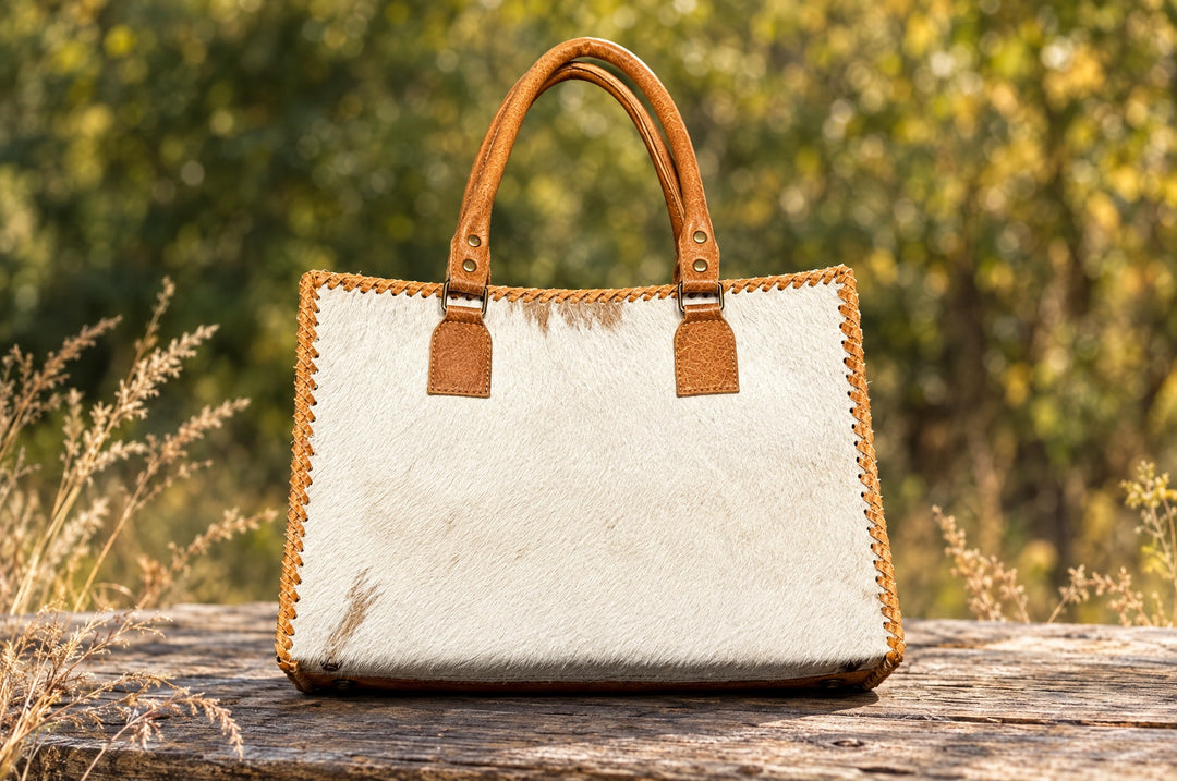 Cowhide tote on a wood table outdoors