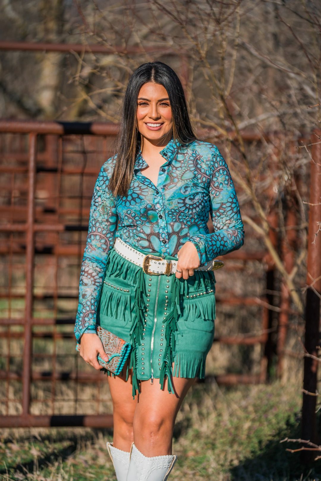 Turquoise print sheer button up top