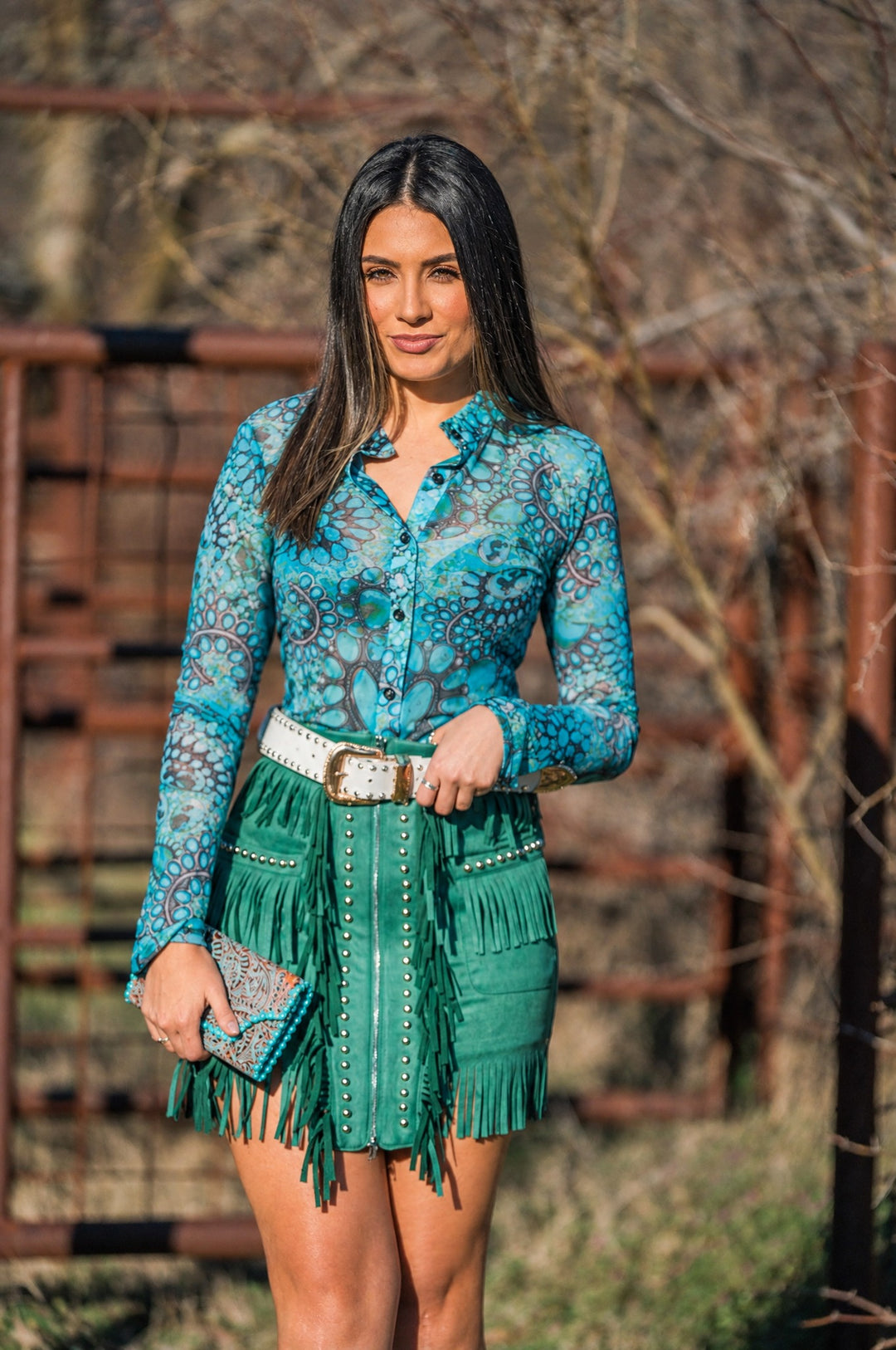 Turquoise button up top styled with jade fringe skirt