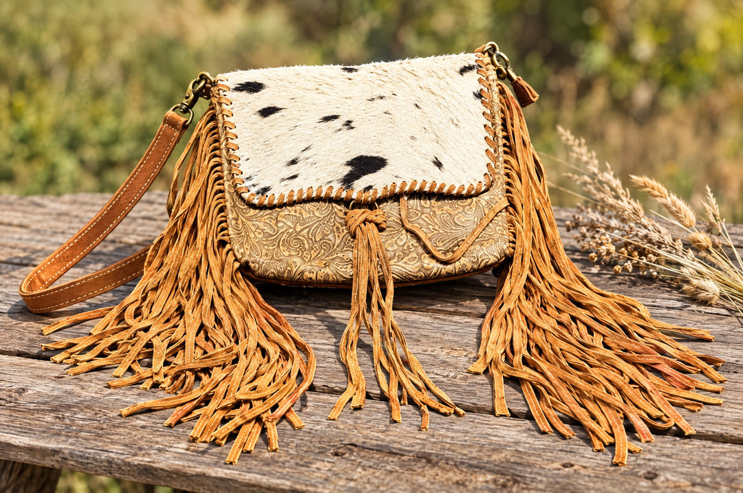 Wild Honey crossbody on a wood table outdoors