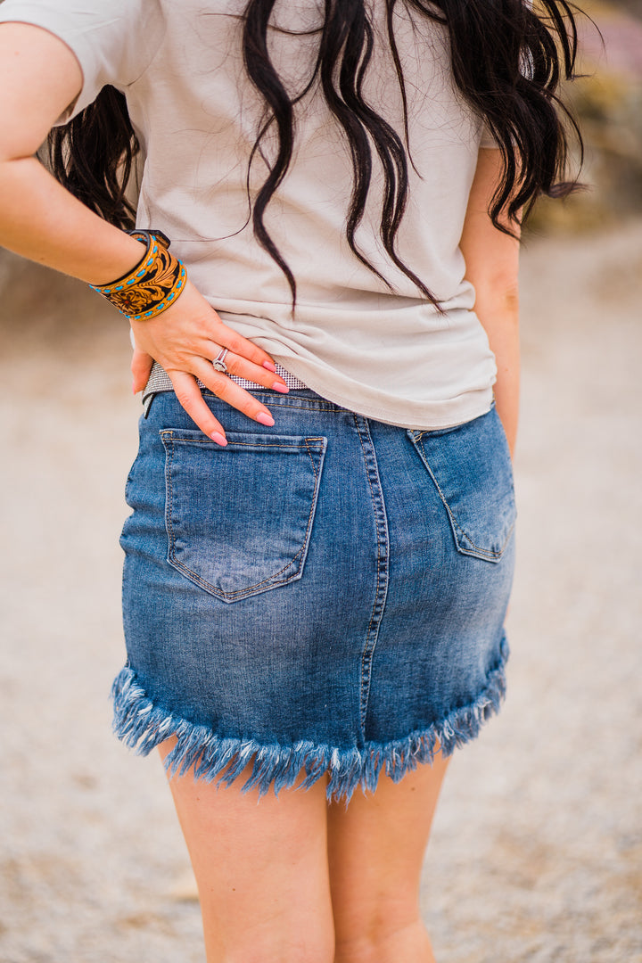 Beauty Check Frayed Denim Skirt - Middle West Apparel